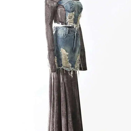 Load image into Gallery viewer, Velvet Denim T-shirt Half-body Skirt Two Pieces Suit New Slash Neck Long Sleeve Women Fashion Spring Autumn 2025 7AB6039
