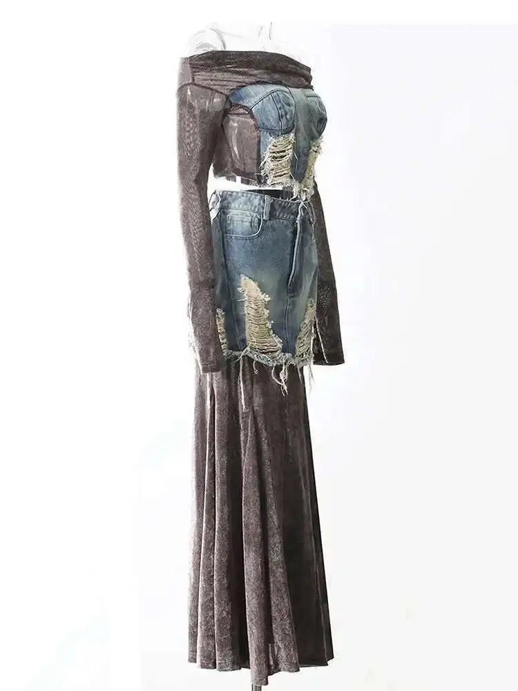 Velvet Denim T-shirt Half-body Skirt Two Pieces Suit New Slash Neck Long Sleeve Women Fashion Spring Autumn 2025 7AB6039