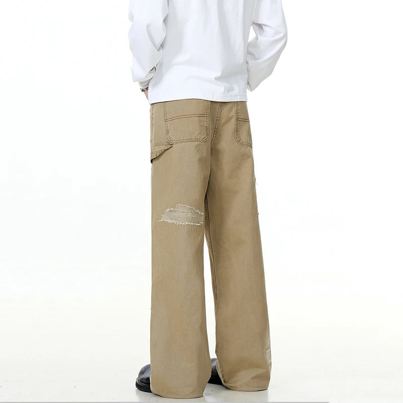 American Men's Cargo Jeans Straight Wide Leg Trendy Hole Solid Color Stylish Pockets Male Causal Bottoms Summer 9W1894