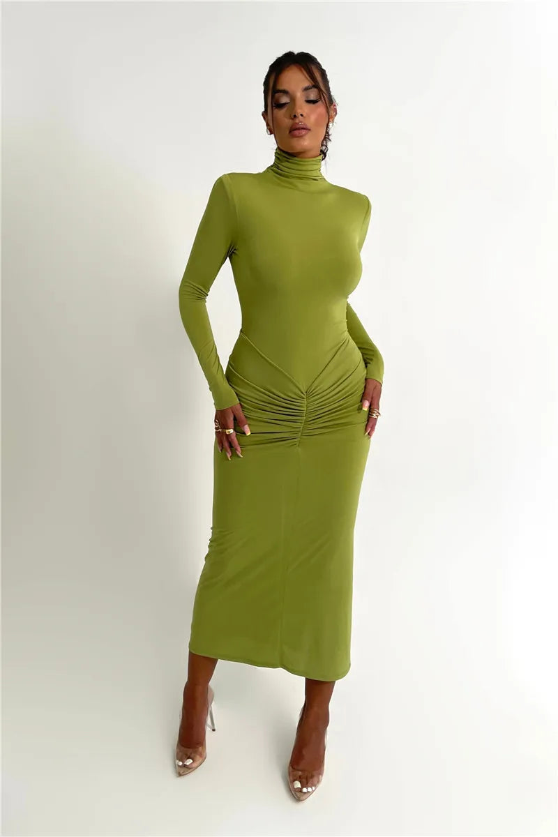 Elegant Turtleneck Long Sleeve Bodycon Maxi Dress Women Autumn Winter New Ruched Club Party Sexy Dress Vestidos