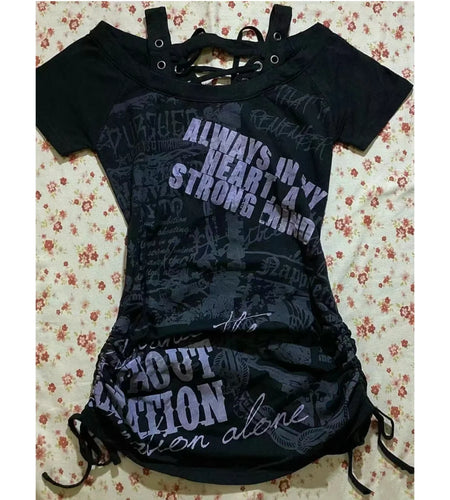 Y2k Tops Chic T Shirts for Women Letter Print Bandage Tunic Tees Off Shoulder Drawstring T-shirt Folds Casual Summer Camisetas