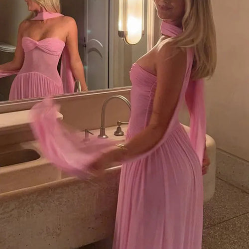 Load image into Gallery viewer, Scarf Collar Backless Sexy Maxi Dress For Women Gown Pink Strapless Off-shoulder Backless Mesh Long Dress Vestido
