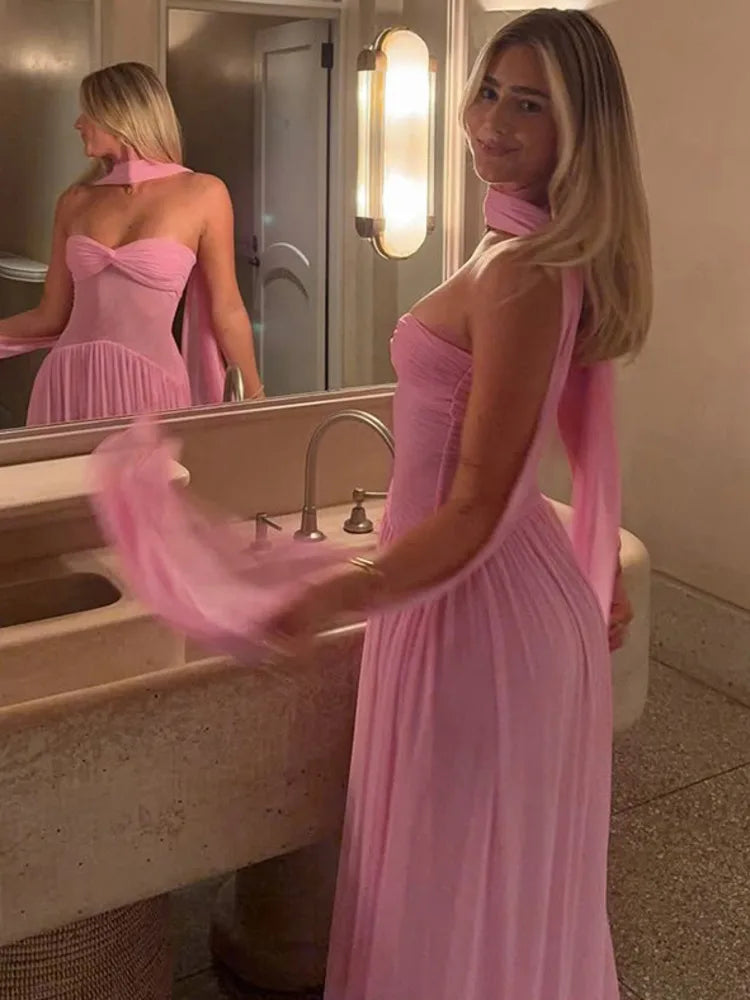 Scarf Collar Backless Sexy Maxi Dress For Women Gown Pink Strapless Off-shoulder Backless Mesh Long Dress Vestido