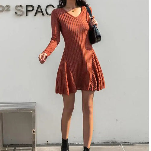Load image into Gallery viewer, Autumn Winter Korean Trend Orange V Neck Sexy Elegant Slim Long Sleeve Short Dress Women Retro Knitted Mini Dress Popular Casual
