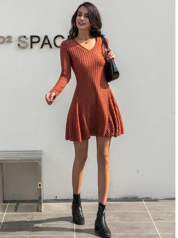Autumn Winter Korean Trend Orange V Neck Sexy Elegant Slim Long Sleeve Short Dress Women Retro Knitted Mini Dress Popular Casual