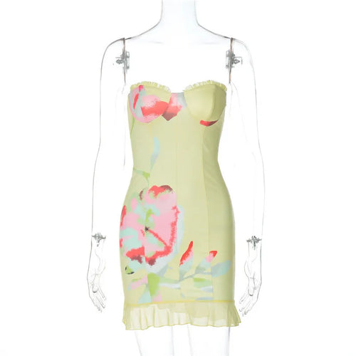 Load image into Gallery viewer, Off-shoulder Strapless Sexy Mini Dress For Women Robe Yellow Sleeveless Backless Ruffled Printed Club Dress Vestido
