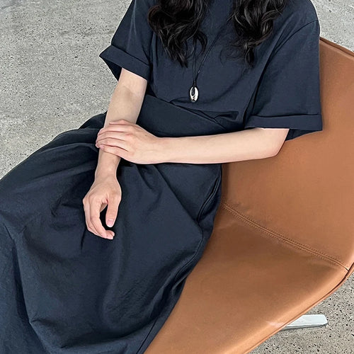 Load image into Gallery viewer, Women Navy Blue Cross Bandage Big Size Elegant Midi Dress New Round Neck Short Sleeve Fashion Spring Summer 2025 1DJ1359
