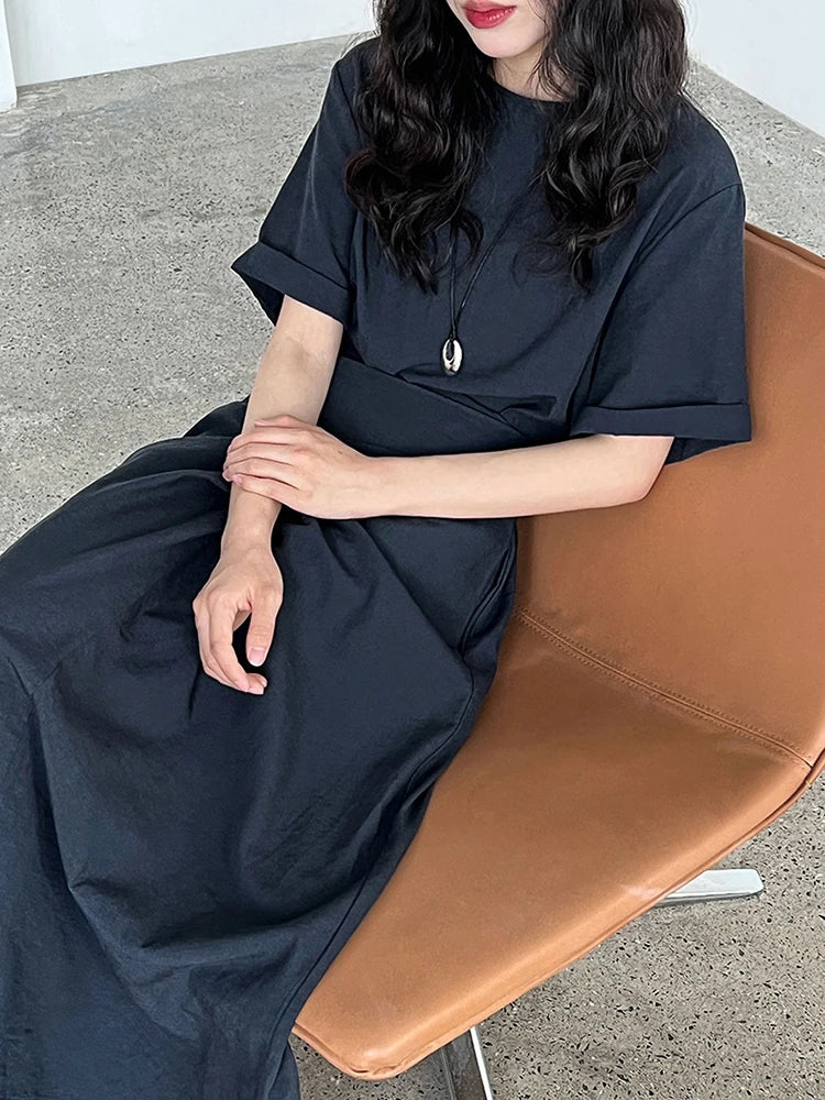 Women Navy Blue Cross Bandage Big Size Elegant Midi Dress New Round Neck Short Sleeve Fashion Spring Summer 2025 1DJ1359