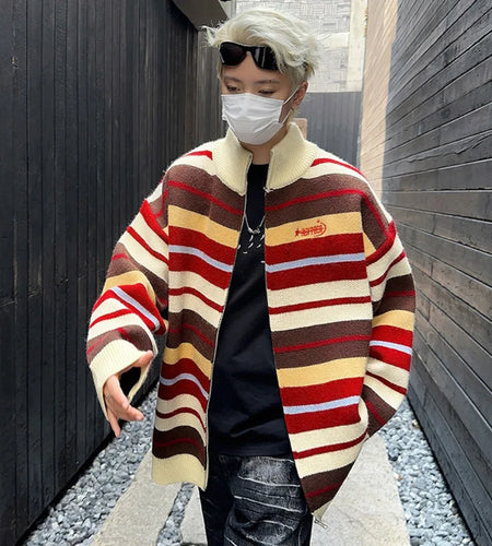 American Sweater Cardigan Jacket Men's Spring Versatile Loose Striped Couple Zipper Knitted Sweater 2025 Turtleneck 9C9259