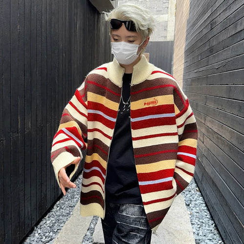 Load image into Gallery viewer, American Sweater Cardigan Jacket Men&#39;s Spring Versatile Loose Striped Couple Zipper Knitted Sweater 2025 Turtleneck 9C9259
