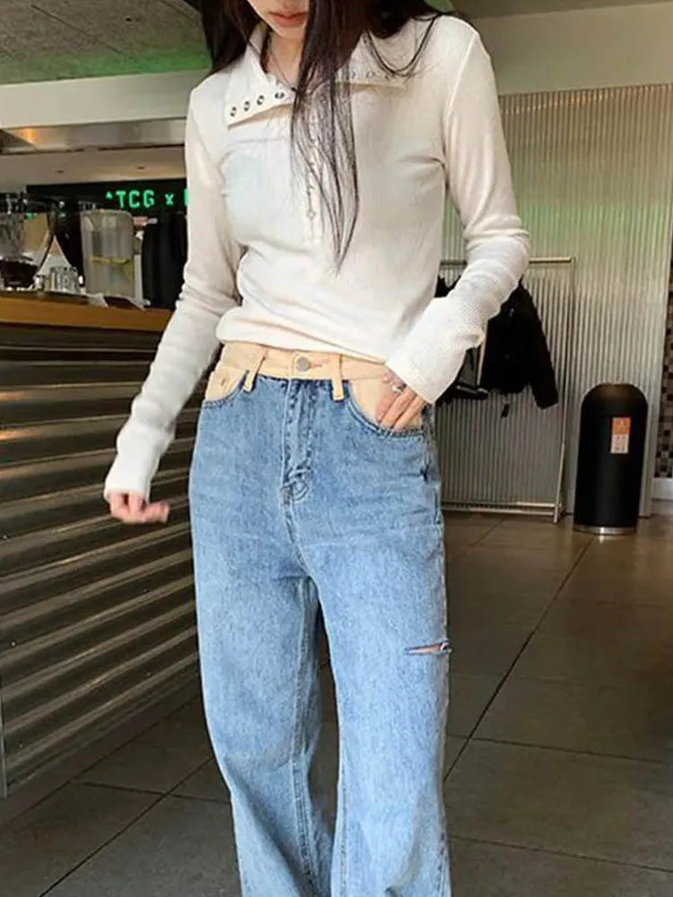 Women's Y2K Knitted Sweater Long Sleeve Slim Fit Pullover Top for Autumn Winter Versatile Bottoming Layer All Match Design