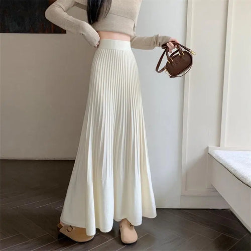 Load image into Gallery viewer, Autumn Winter Women&#39;s Black Elastic High Waist Skirt Korean Version Retro Beige Elegant Vacation Party Pleated A-line Long Skirt
