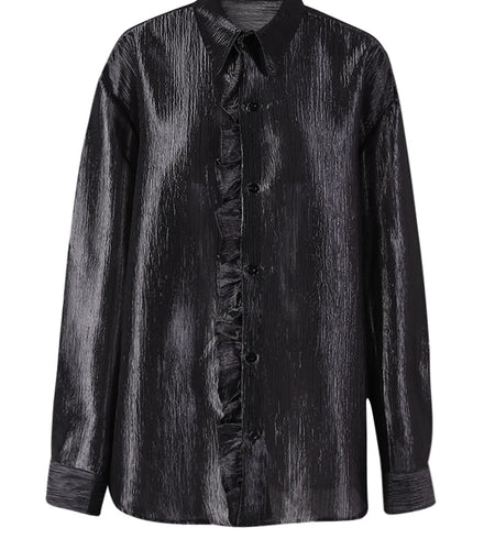 Women Black Thin Ruffles Perspective Big Size Blouse New Lapel Long Sleeve Shirt Fashion Tide Spring Autumn 2025  CPG3108