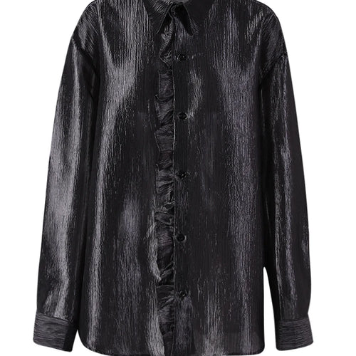 Load image into Gallery viewer, Women Black Thin Ruffles Perspective Big Size Blouse New Lapel Long Sleeve Shirt Fashion Tide Spring Autumn 2025  CPG3108
