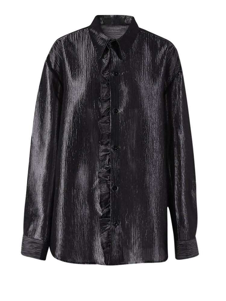 Women Black Thin Ruffles Perspective Big Size Blouse New Lapel Long Sleeve Shirt Fashion Tide Spring Autumn 2025  CPG3108