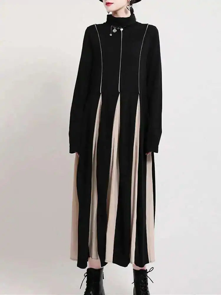 Women Black White Contrast Color Long Dress New Turtleneck Long Sleeve Loose Fit Fashion Tide Autumn Winter 2025  1DD2153