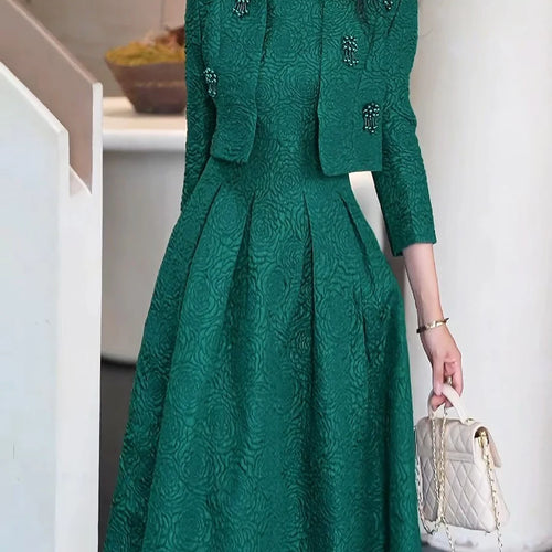 Load image into Gallery viewer, Elegant Two Piece Sets for Women Round Neck Long Sleeves Spliced Bead Jacket O Neck Patchwork Folds Dress Set Female
