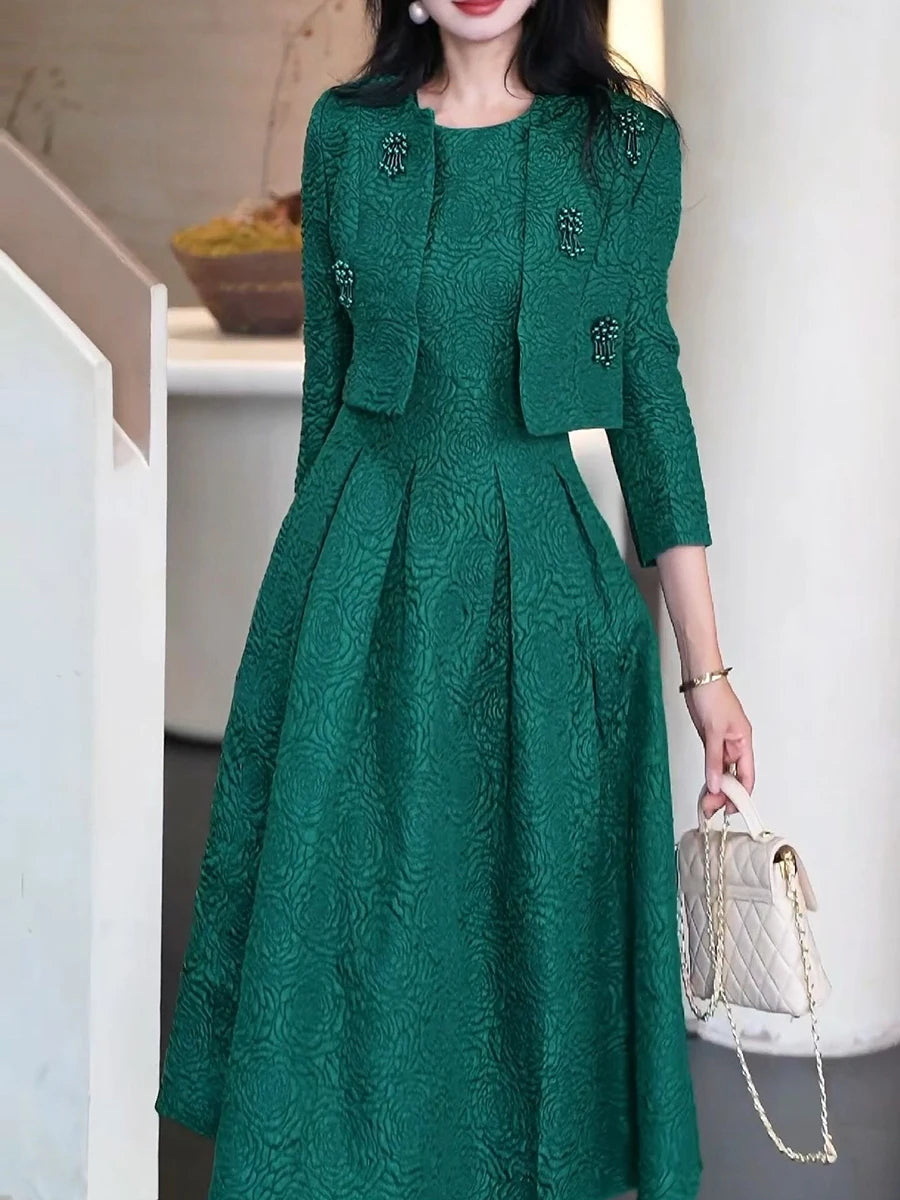 Elegant Two Piece Sets for Women Round Neck Long Sleeves Spliced Bead Jacket O Neck Patchwork Folds Dress Set Female