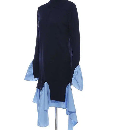 Women Blue Knitting Ruffles Irregular Elegant Dress New Turtleneck Long Sleeve Fashion Tide Spring Autumn 2025 1DH4512