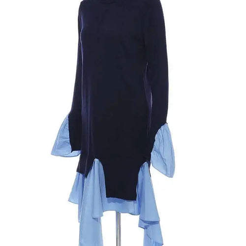 Load image into Gallery viewer, Women Blue Knitting Ruffles Irregular Elegant Dress New Turtleneck Long Sleeve Fashion Tide Spring Autumn 2025 1DH4512
