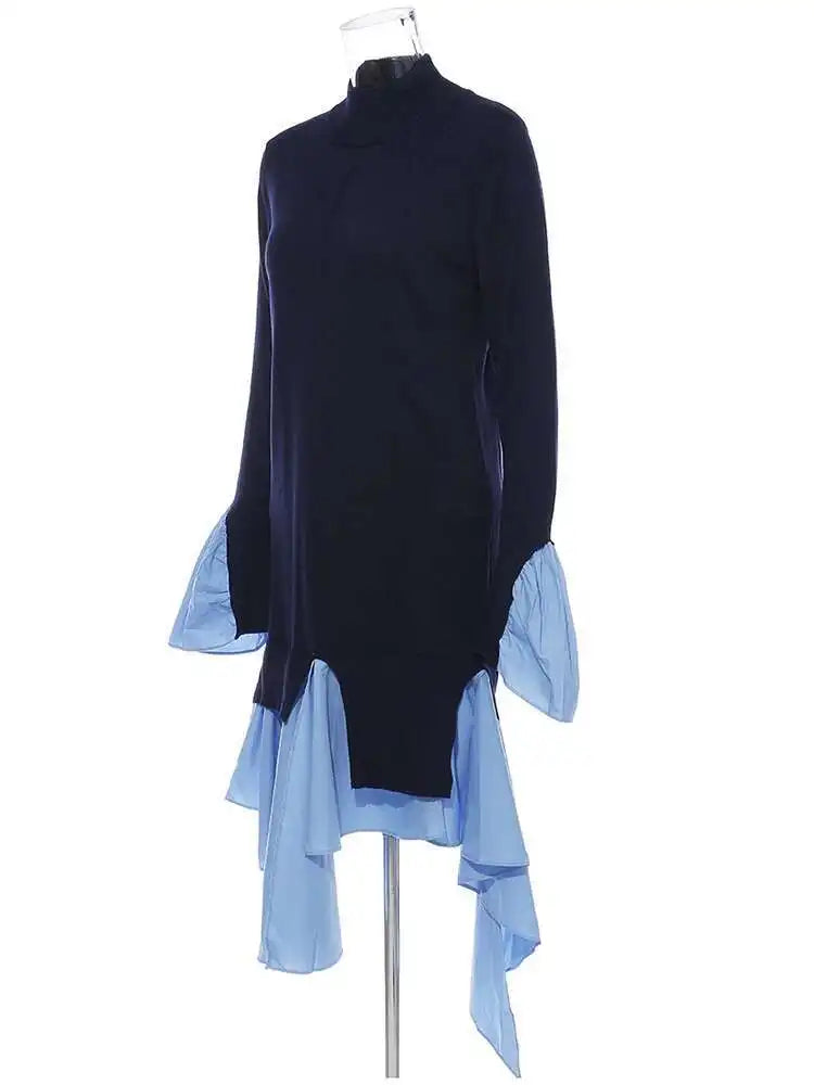 Women Blue Knitting Ruffles Irregular Elegant Dress New Turtleneck Long Sleeve Fashion Tide Spring Autumn 2025 1DH4512