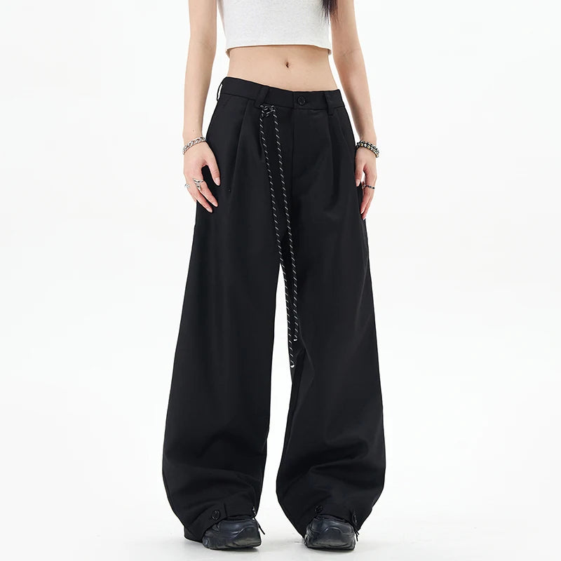 Male Suit Pants Double Pleated Drawstring Design Straight Leg Trousers New Trendy Wide Leg Solid Color Trousers 9W1201