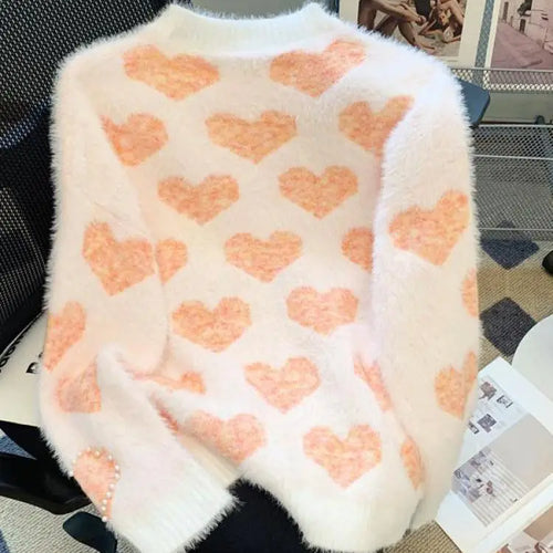 Load image into Gallery viewer, French Retro Heart Shaped Pearl Imitation Mink Sweaters Women Round Neck Warm Long Sleeves Knit Pullover Tops Autumn Winter Chic

