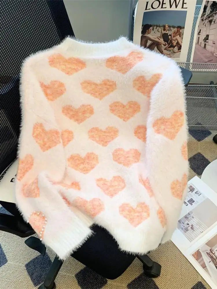 French Retro Heart Shaped Pearl Imitation Mink Sweaters Women Round Neck Warm Long Sleeves Knit Pullover Tops Autumn Winter Chic