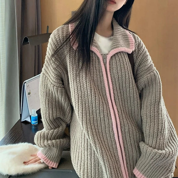 2025 Preppy Contrast Color Cardigans Women Fashion Y2k Aesthetic Loose Knitted Sweaters New Harajuku Casual Single Brested Coat