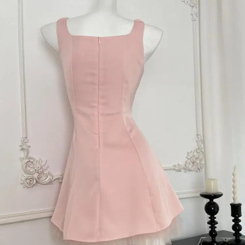 Load image into Gallery viewer, Summer 2024 Retro Pink Mesh Pearl Bead Sleeveless Backless Elegant Sexy Prom Dress Women Clothes Birthday Party Slip Short Dress
