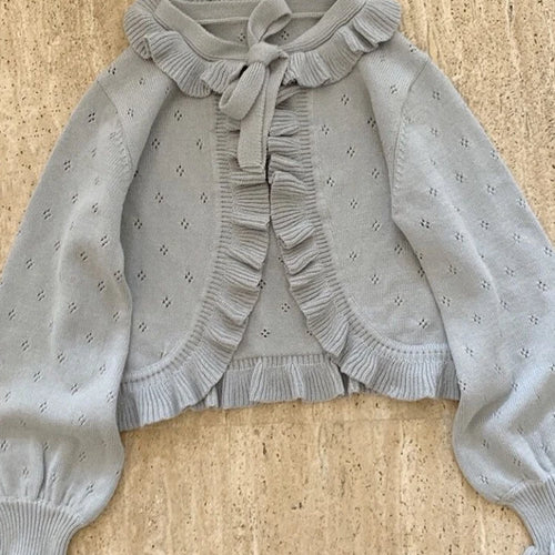 Load image into Gallery viewer, Japanese Kawaii Lolita Cardigan Women Vintage Lantern Sleeve Thin Ruffle Sweater Coat Knitted Kardigany Girls Cute Tops
