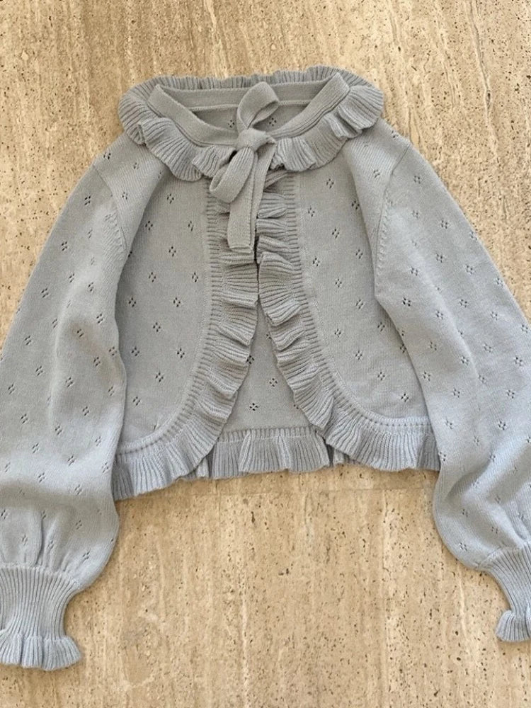 Japanese Kawaii Lolita Cardigan Women Vintage Lantern Sleeve Thin Ruffle Sweater Coat Knitted Kardigany Girls Cute Tops