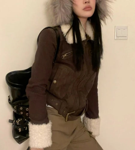 Streetwear Short Jackets Women's Clothing Vintage Lamb Wool Y2k Tops Thicked Warm Fashion Casual Korean Coats 2024 Ropa Mujer