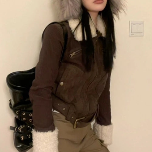 Load image into Gallery viewer, Streetwear Short Jackets Women's Clothing Vintage Lamb Wool Y2k Tops Thicked Warm Fashion Casual Korean Coats 2024 Ropa Mujer
