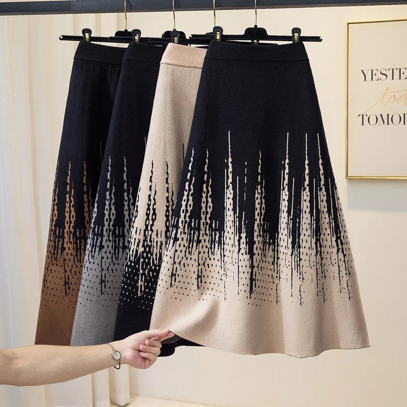 Korean Vintage 2024 Autumn Winter New Elegant Print Crochet Knit Long Skirt Women Casual Thick High Waist Pack Hip A-line Skirts