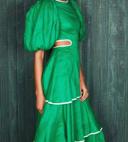 Colorblock Casual Dress For Women Round Neck Short Puff Sleeve Cot Out Patchwork Ruffles Ankle Dresses Female 2022 Fashion