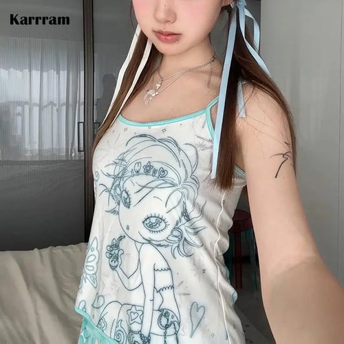 Load image into Gallery viewer, Y2k Aesthetics Cami Top Fairycore Anime Print Camisole 2000s Kawaii Crop Top Japanese Harajuku Tank Tops Grunge E-girls
