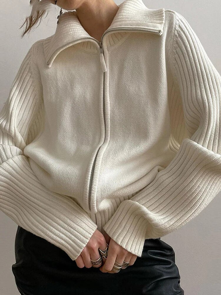 Solid Knitting Sweaters For Women Lapel Long Sleeves Loose Spliced Zipper Sweater Female Fashion Clothing