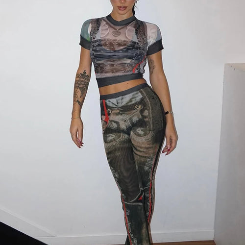 Load image into Gallery viewer, Sexy Vintage Print See Through 2 Piece Set Women Shorts Sleeve Crop Tops+Flare Pants Matching Midnight Fit Club Outfit
