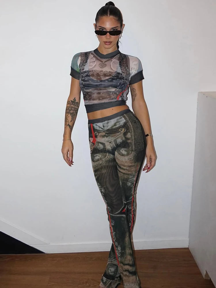 Sexy Vintage Print See Through 2 Piece Set Women Shorts Sleeve Crop Tops+Flare Pants Matching Midnight Fit Club Outfit