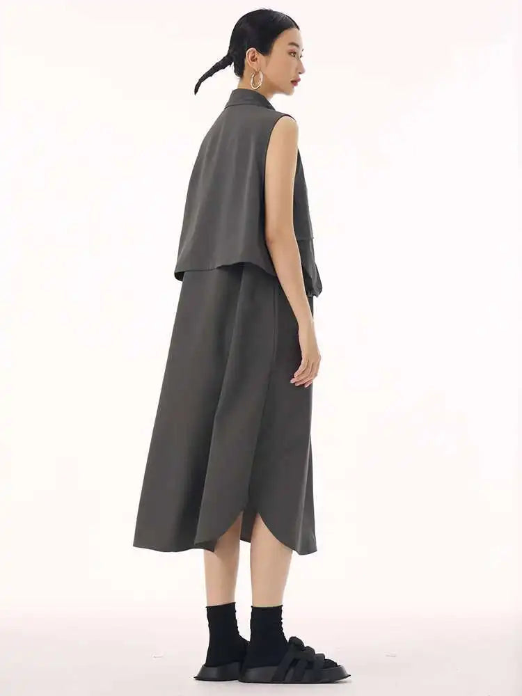 Women Black Shaped Pockets Big Size Midi Shirt Vest Dress New Lapel Sleeveless Fashion Tide Spring Autumn 2025 1DH9471