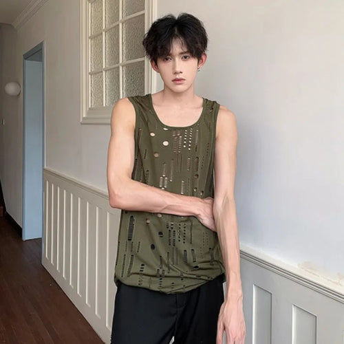 Load image into Gallery viewer, Casual Thin Men&#39;s Tank Tops Fashion Loose Round Collar Hollow Out Hole Male Tops Solid Color Chic Sunmmer 9C6106
