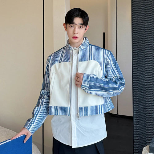Load image into Gallery viewer, Korean Style Men&#39;s PU Leather Spliced Striped Short Jackets Male Contrast Color Loose Coats 2024 Autumn Fashion 9C6974
