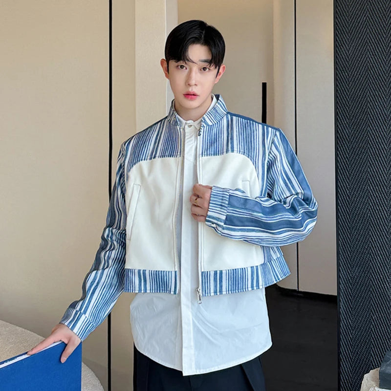 Korean Style Men's PU Leather Spliced Striped Short Jackets Male Contrast Color Loose Coats 2024 Autumn Fashion 9C6974