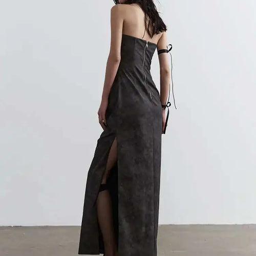 Load image into Gallery viewer, Women Gray Shaped Pleated Pu Leather Long Elegant Strapless Dress New Sleeveless Fashion Tide Spring Autumn 2025 1DH4724
