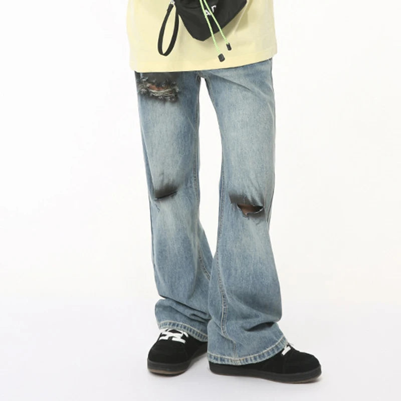 Summer Men's Jeans Hole Graffiti Contrast Color Menwear Straight Wide Leg Casual Male Denim Pants High Street 9C6510