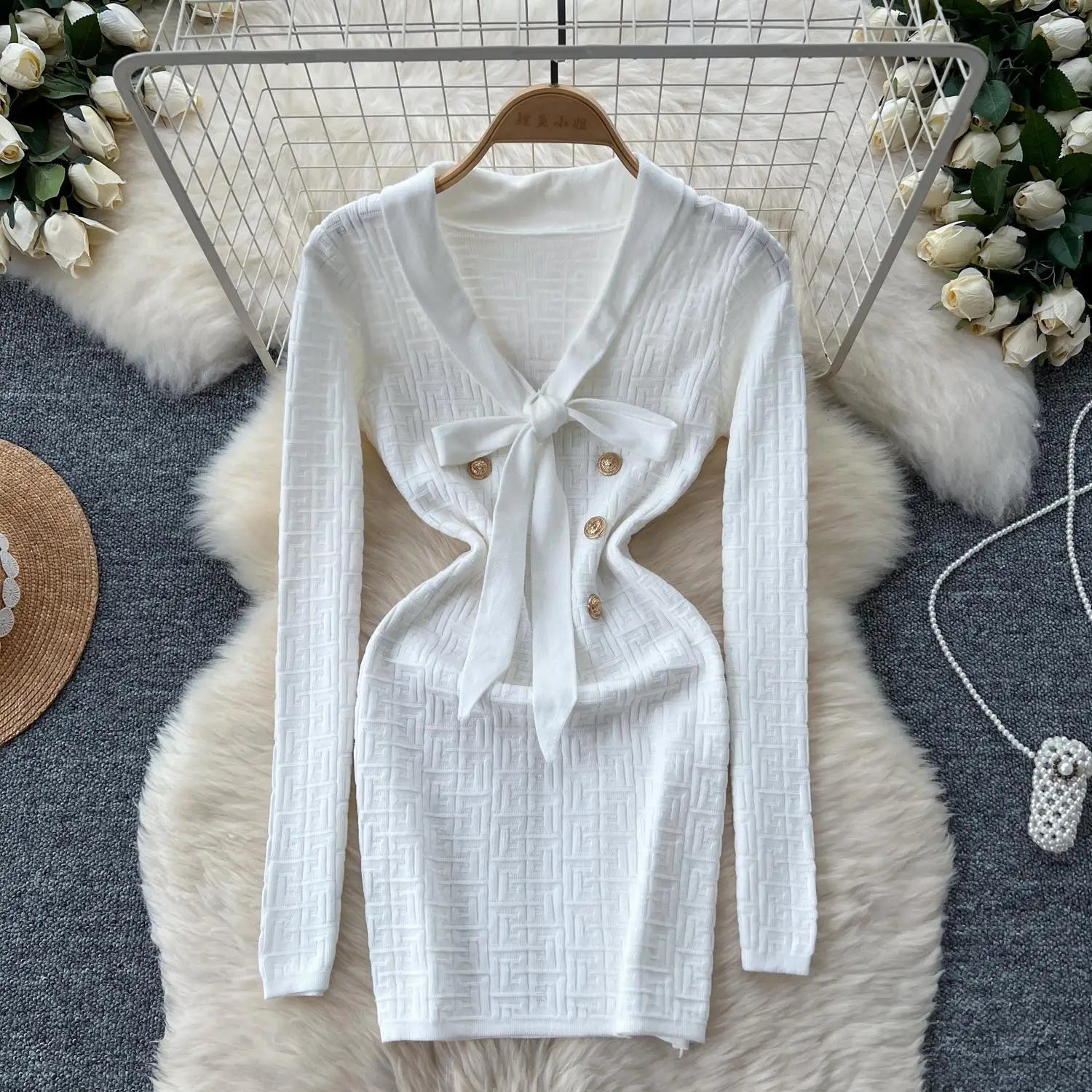 French Fashion Women Solid Elegant Button Bandage V Neck Short Dress Autumn Long Sleeves Knitted Sweater Mini Dress Trend Simple