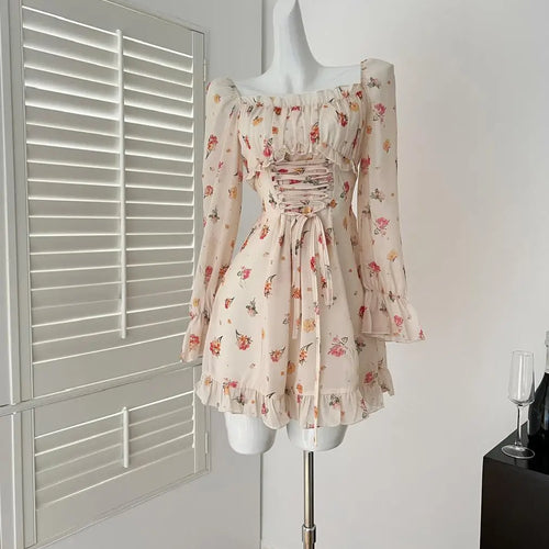 Load image into Gallery viewer, Spring Vintage Beige Floral Long Sleeved Party Short Dress Women Square Neck Elegant Vacation Backless Ruffles Dresses 2025 Chic
