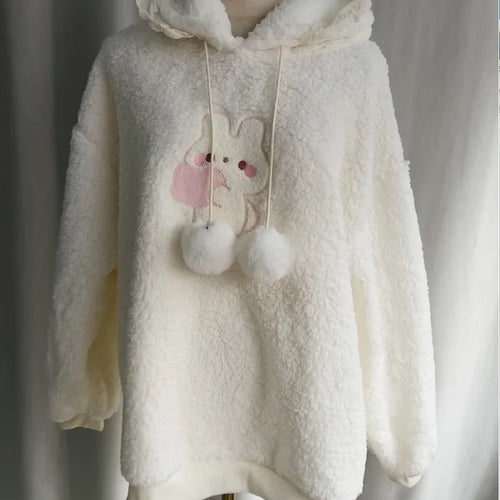 Load image into Gallery viewer, Rabbit Ear Hooded Lamb Wool Hoodie Jacket for Women Sweet Thicked Y2k Tops Oversized Outwear Casual Fashion Lace Cute Sweatshirt
