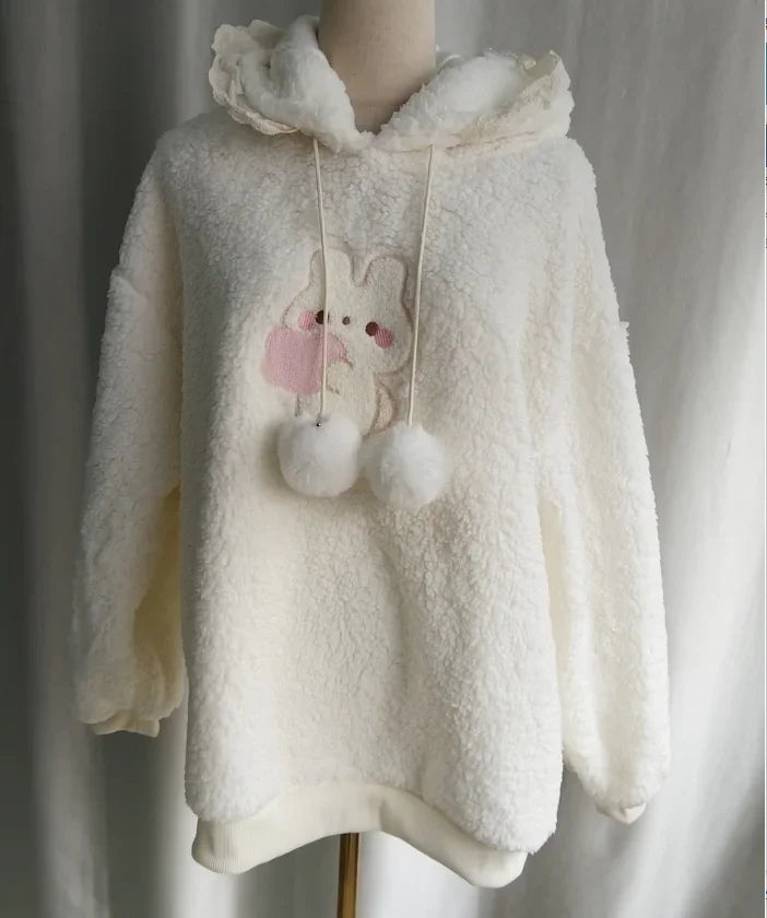 Rabbit Ear Hooded Lamb Wool Hoodie Jacket for Women Sweet Thicked Y2k Tops Oversized Outwear Casual Fashion Lace Cute Sweatshirt